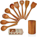Brosisincorp Natural Teak Wood Spoons for Cooking with Holder 10 Pcs, Comfortable Grip Wooden Kitchen Utensils Set Scratch-Free Smooth Finish for Non-Stick Cookware