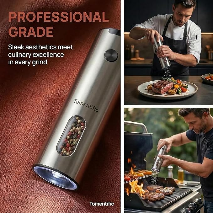 Electric Salt and Pepper Grinder Set with Rechargeable Base - Upgraded Large Capacity, Refillable Pepper Mill Set with LED Light & Adjustable Coarseness, Ideal for Kitchen, Outdoor (Light Silver)