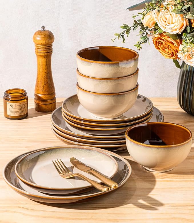 LERATIO Ceramic Dinnerware Sets for 4, 12 Pieces Ceramic Plates and Bowls Sets, Scratch Resistant Dish Set, Oven, Microwave & Dishwasher Safe-Pale Kahki