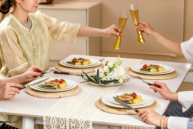 FHGNYSM Vintage Dinnerware Set for 4, 12-Piece Elegant Bone China Look Porcelain Plates and Bowls Set, Ivory Pattern Dish Set for Kitchen, Wedding and Housewarming Gift