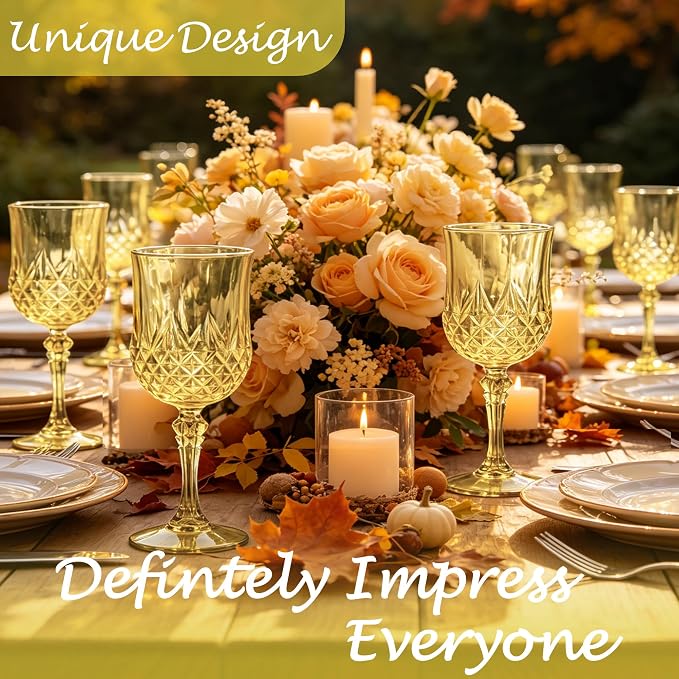 Plastic Wine Glasses, Plastic Goblets Vintage Style Cordial Unbreakable Drinking Glasses, Reusable Drinkware for Wedding Reception, Grand Event Party Supplies (100, Gold)