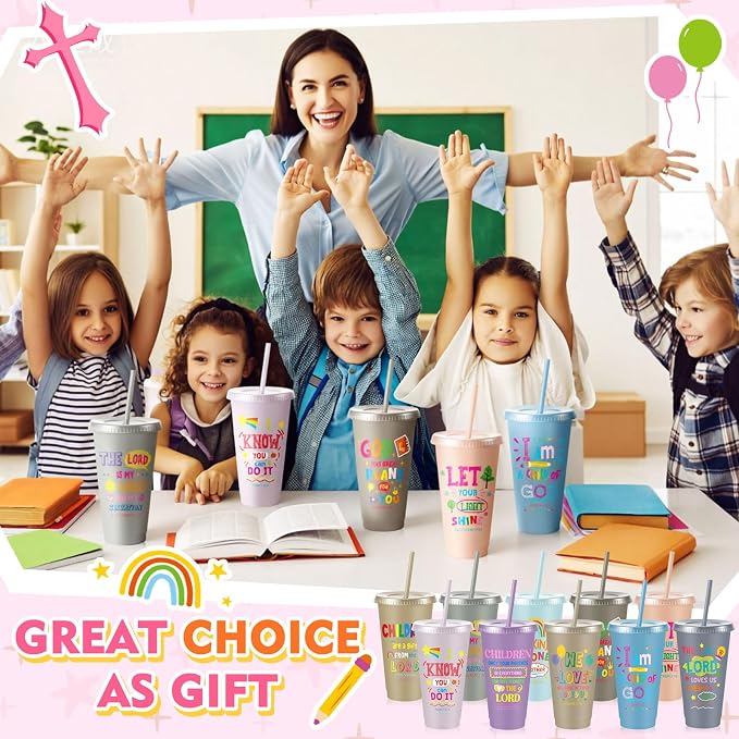 Uiifan 30 Pcs Morandi Christian Cups for Kids, Vacation Bible School Gifts 24oz Pastel Reusable Plastic Tumblers with Lids Straws, Neutral Bible Verse Party Cups for Sunday School, Classroom, Holiday