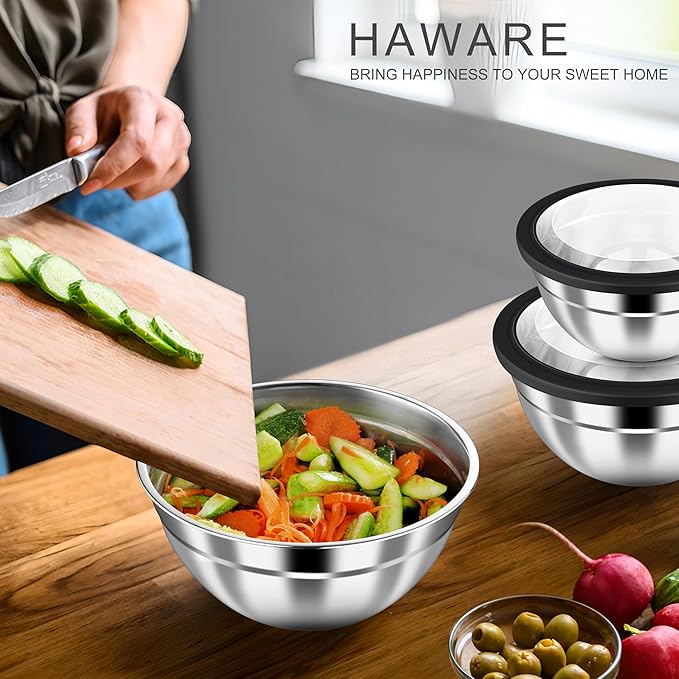 HaWare 20PCS Kitchen Gadgets Set, 14PCS Silicone Kitchen Cooking Utensils Set and 6PCS Mixing Bowls with Airtight Clear Lids (Size 4.6, 3, 1.5QT), Black