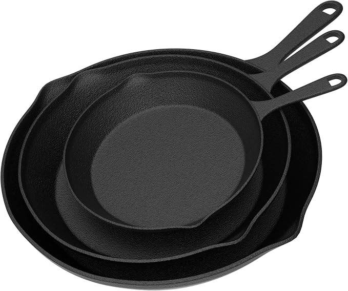 Pre Seasoned Cast Iron Skillets - 3 Pan Set - 9 inches, 8 inches, 6 inches - 1.5 to 2 inches deep - Durable with Strong Handle - Great for both veggies and meat