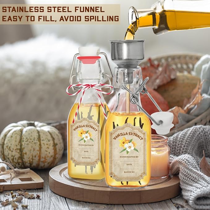20 Pack Swing Top Glass Vanilla Extract Bottles 4 oz with Lids, Vanilla Labels & Funnel, Boston Square Bottles for Homemade Syrup, DIY Gifts, Flip Top Jars for Extract