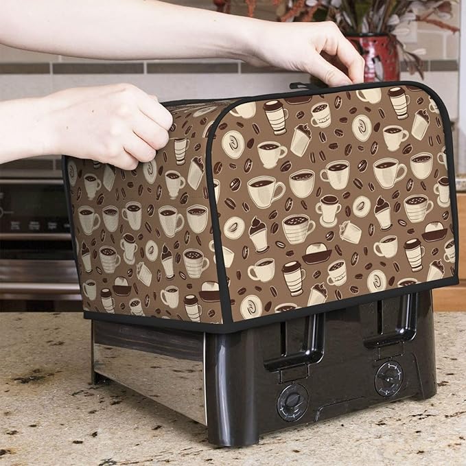 Toaster Cover 4 Slice Coffee Pattern Bean Kitchen Small Appliance Covers with Pockets Dust and Fingerprint Protection