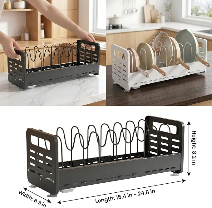 Pots and Pans Organizer Under Cabinet, Expandable 15.4"-24.8" Adjustable Pot and Pan Rack, Heavy Duty Pot Lid Organizer with Removable Drip Tray for Kitchen Cabinets, Countertops