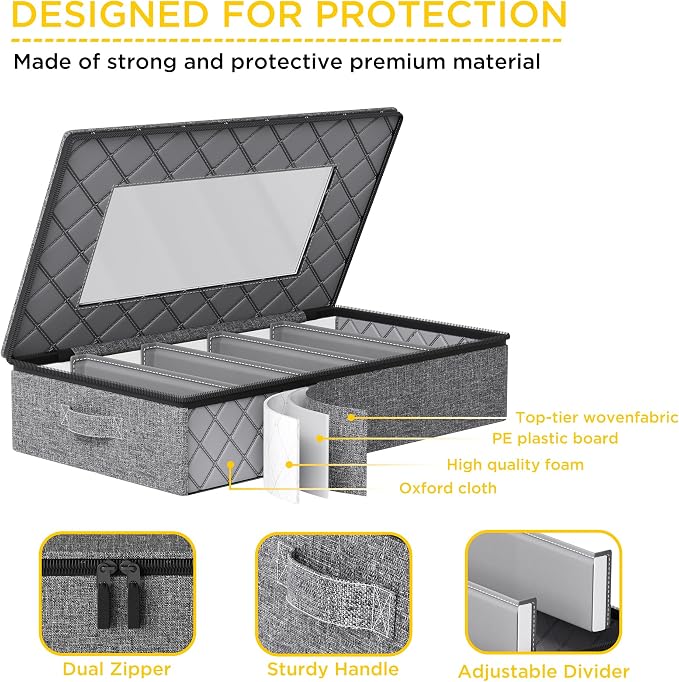 YearningHome Silverware Storage Box,Hard Shell Flatware Organizer with Lid and Zipper,Utensil Storage with Clear Window and adjustable Divider for Spoons,Forks.Knives,Grey