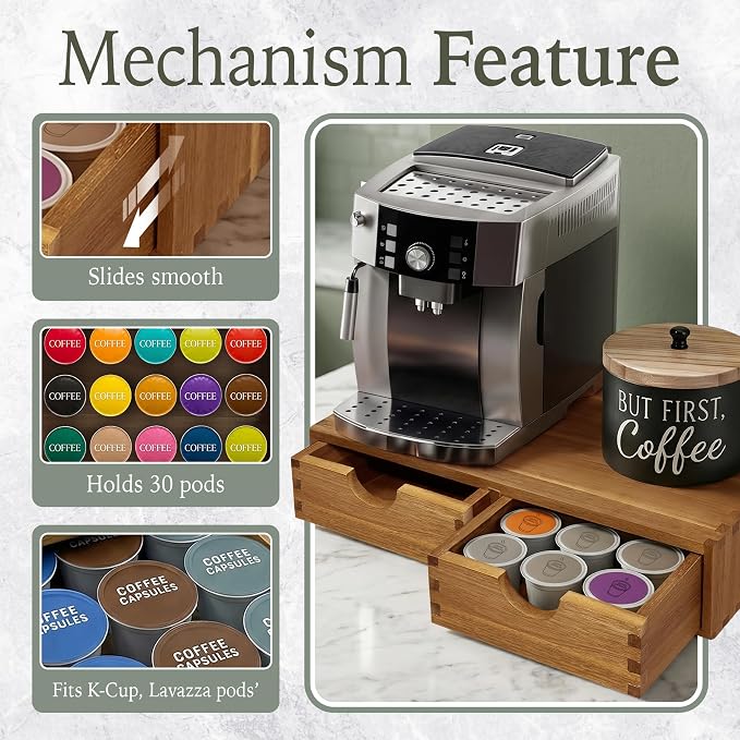 Acacia Wood K Cup Drawer Under Coffee Maker, 30 Pod Wooden K Cup Organizer with Movable Dividers for Countertop, Fits Nespresso Vertuo, Lavazza Capsules, Tea Bags