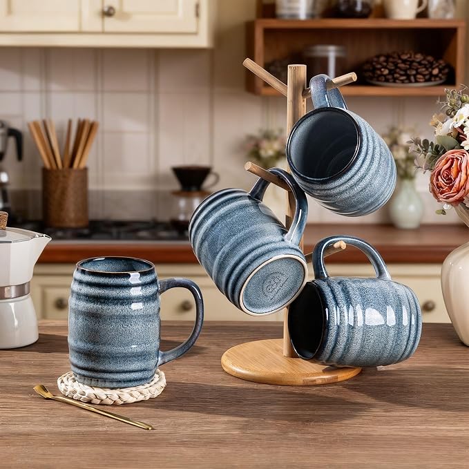 GBhome 20oz Large Coffee Mugs Set of 4, Handmade Ceramic Coffee Mugs Set for Latte/Tea/Beer/Hot Cocoa, Dishwasher & Microwave Safe- Blue Horizon