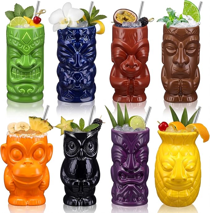 Yungyan 8 Pcs Ceramic Tiki Mugs for Cocktails Tiki Cups for Party Hawaiian Cups Tropical Drinkware for Luau Exotic Party Barware Home Bar Decoration (Mixed Styles)
