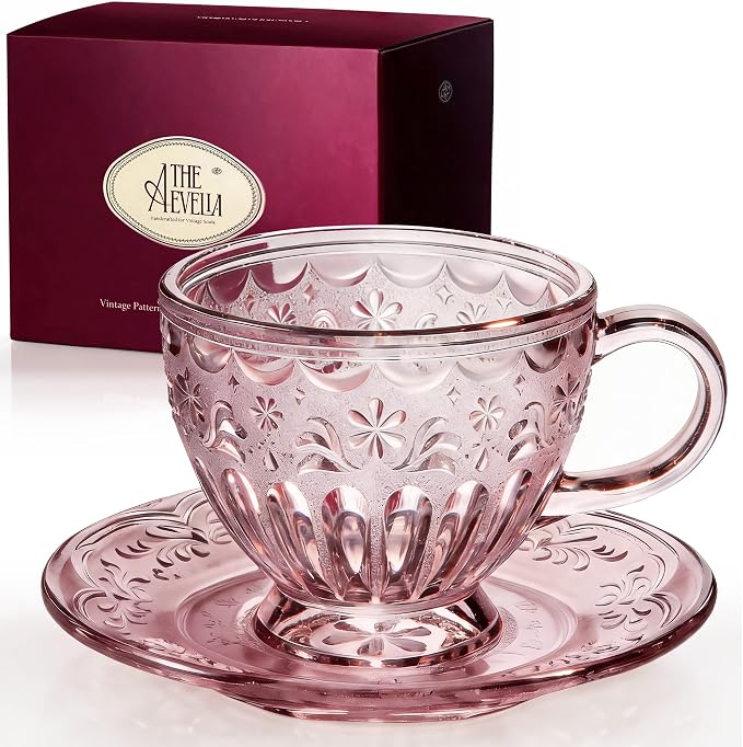 Handcrafted Vintage Glass Coffee Cup and Saucer Set, 12 oz Large Tea Cup with Round Saucer for Coffee, Latte, Tea & Home Cafe, Gift for Women, Microwave & Dishwasher Safe, Rose Mist Pink