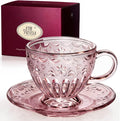 Handcrafted Vintage Glass Coffee Cup and Saucer Set, 12 oz Large Tea Cup with Round Saucer for Coffee, Latte, Tea & Home Cafe, Gift for Women, Microwave & Dishwasher Safe, Rose Mist Pink