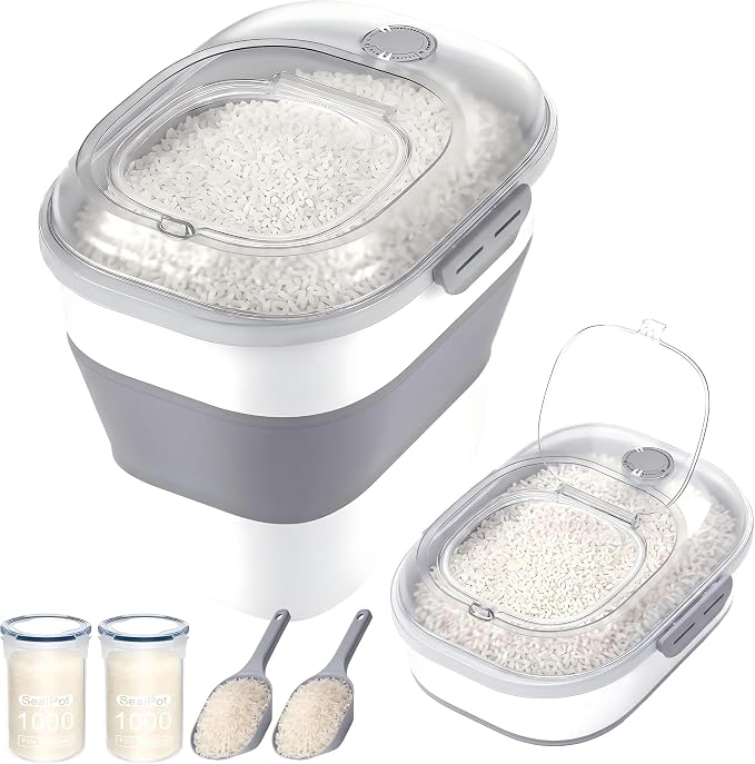 50 Lbs Rice Storage Container with Wheels, Collapsible Airtight Dog Food Storage Container with Transparent Lid, Measuring Cup, Scoop, Handle, BPA Free Rice Holder for Pet Food, Grain, Bird Seed