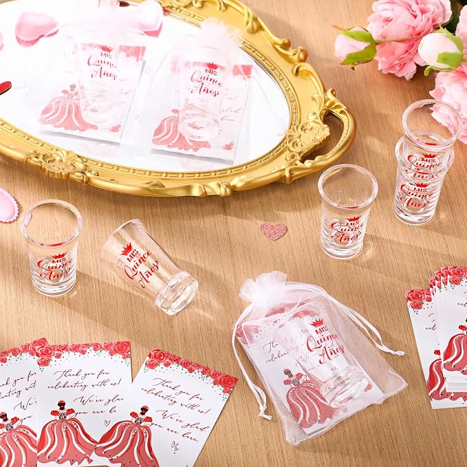 Havawish 50 Sets Quinceanera Party Favors for Guests Quinceanera Acrylic Clear Personalized Shot Glasses Thank You Cards with Organza Bags Mis Xv Años Sweet 15 Birthday Party Favors (Red)