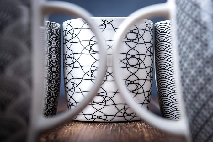 Set of 6 11.5 oz Coffee Mugs with Black and White Geometric Patterns, Ceramic Tea Cup Set