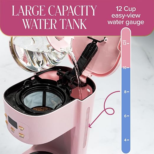 Paris Hilton Digital Coffee Maker, 12-Cup Programmable Drip Coffee Machine with Reusable Filter, Bold Brew, Auto Pause and Serve, Keep-Warm Plate, Glass Carafe, Pink