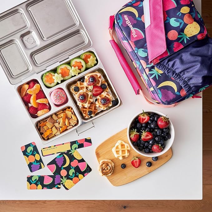 PlanetBox Rover Stainless Steel Bento Box Style Lunch Box Kit for Kids with 5 Compartments – Tutti Frutti Edition includes Insulated Lunch Bag, Leakproof Food Containers and Matching Magnets