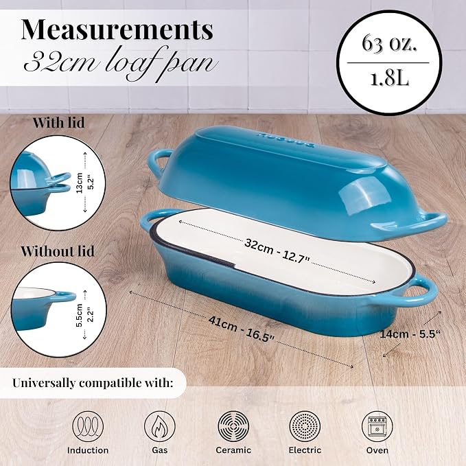 Enamelled Cast Iron Bread Loaf Pot – Dutch Oven For Sourdough Bread Baking – Oven Safe Non Stick Bread Pot – Rectangular, Light Blue, 34cm x 16cm – by Nuovva