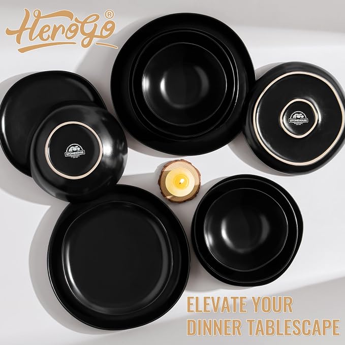 Herogo Stoneware Dinnerware Sets for 8, 24 Piece Ceramic Dinner Dishes Set, Irregular Handmade Plates and Bowls Dishware, Crack and Scratch Resistant, Reactive Glaze, Matte Black