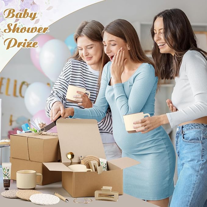 Reallnaive 61 Pcs Baby Shower Prizes for Game Winners Include Ceramic Mug Coaster Hand Cream Pen Spoon Bracelet Hair Clip Card Gift Box with Raffia for Guests Gender Reveal Bridal Shower Party(Beige)