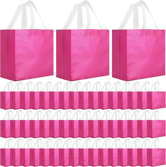 Eccliy Reusable Gift Bags Set Glossy Grocery Gift Tote Bag with Handle for Wedding, Bridal Shower, 4th of July, Summer Event(12 x 11 x 4.7 I Inch,Hot Pink,80 Pcs)