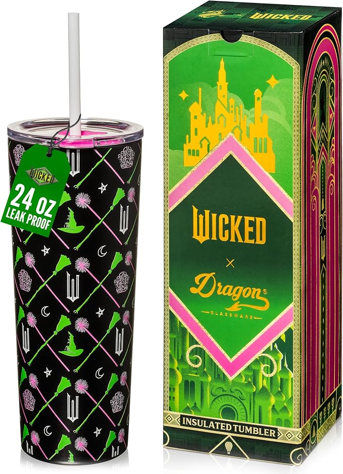 Dragon Glassware x Wicked Vacuum Insulated Tumbler with Lid and Straw - 24 oz Tumbler Cup with 2 Straws - Stainless Steel Tumbler with Straw for Water, Iced Tea - Wicked Movie Green Tumbler with Straw