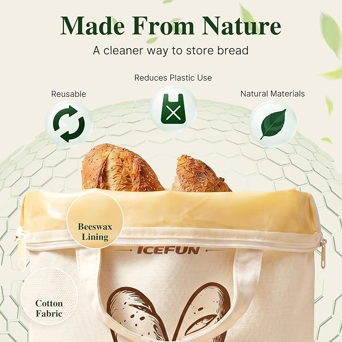 ICEFUN Wide-Opening U-Zipper Beeswax Bread Bag 2 Pack, Beeswax Bread Bags for Sourdough, Easy to Clean Reusable Bread Bag with Dual Zipper Seal and Handles
