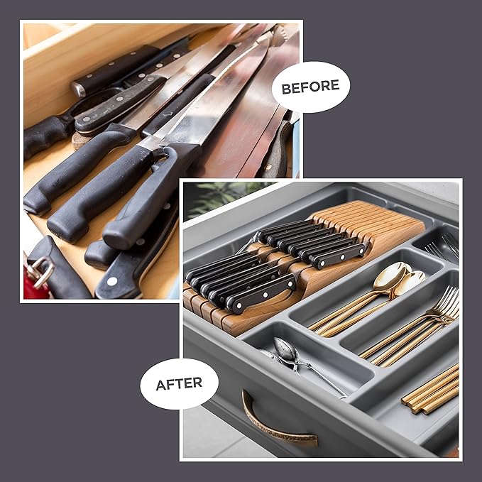 Knife Block Drawer Organizer - Bamboo Knife Drawer Organizer Insert for Kitchen Drawer, In Drawer Knife Holder, 16 Slot Drawer Knife Block, Drawer Knife Organizer, Knife Storage Organizer for Drawer