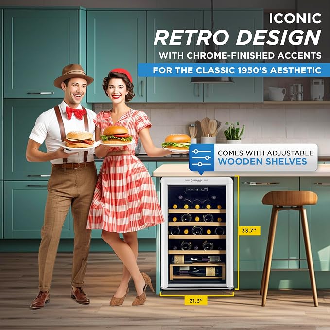 Unique Appliances Classic Retro Electric Wine Cooler, 28-Bottle Wine Fridge with Adjustable Wooden Shelves and Intuitive Digital Control Panel, Single Zone, 21", Marshmallow White