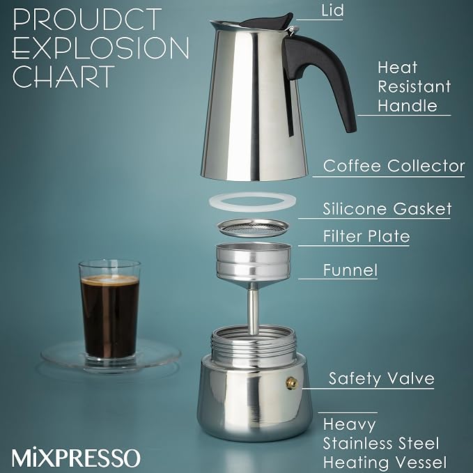 Mixpresso Bronze Stainless Steel Airtight Coffee Container with Date Tracker For Coffee & Tea, Vacuum Sealed Airtight Container, Coffee Jar 16 Ounces, Bundle With6 Cup Greca Stovetop Espresso Maker 30