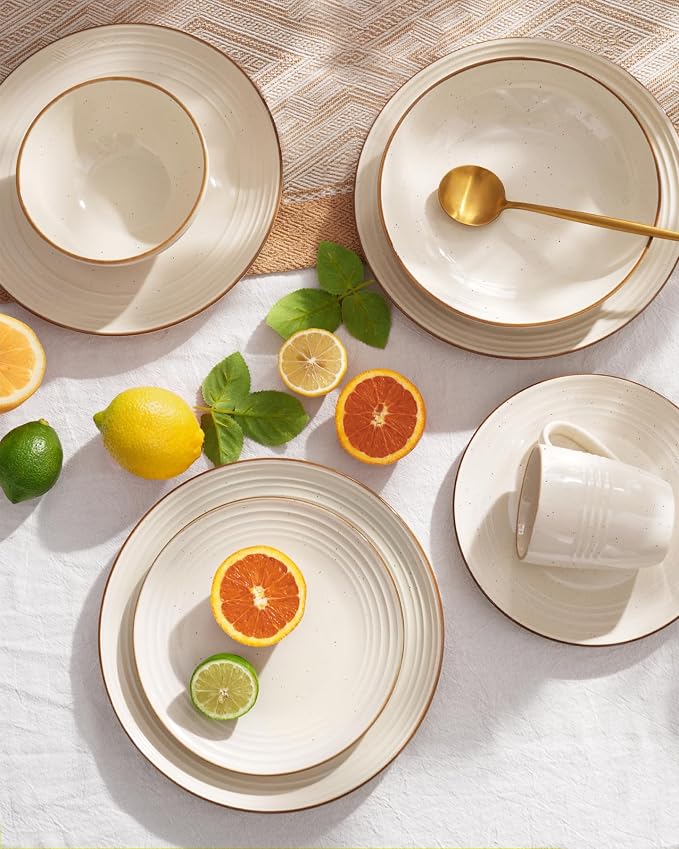 Famiware Jupiter 12-Piece Stoneware Dinnerware Set for 4, Handcrafted Plates and Bowls with Speckles & Embossed Swirls, Chip/Scratch Resistant, Microwave/Dishwasher Safe, Modern Dishes, Vanilla White