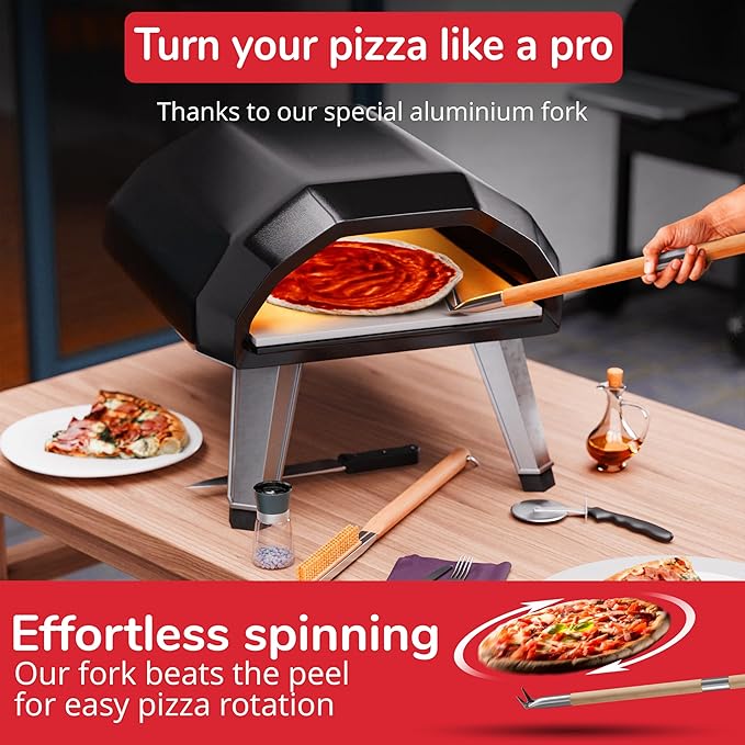 Senwosa Pizza Turner Fork & Bubble Popper - Easy Pizza Rotation for Evenly Baked Crust - Adjustable Handle [26"-32”]