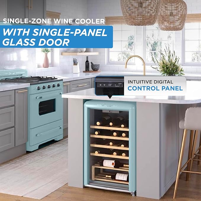 Unique Appliances Classic Retro Electric Wine Cooler, 28-Bottle Wine Fridge with Adjustable Wooden Shelves and Intuitive Digital Control Panel, Single Zone, 21", Ocean Mist Turquoise