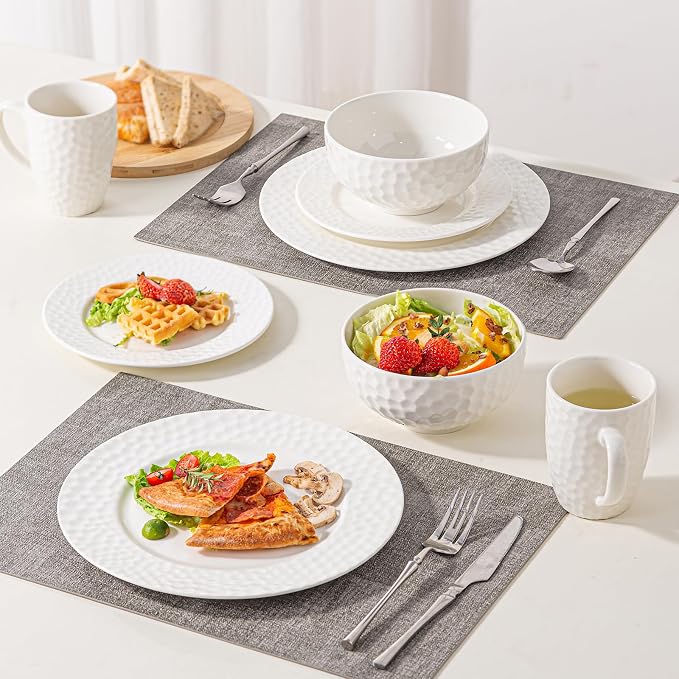 12-Piece Ceramic Dinnerware Set for 4, Water Cube Texture Dishes and Plates Sets, Includes Plates and Bowls, Minimalist High-Temperature Reinforced Porcelain, White