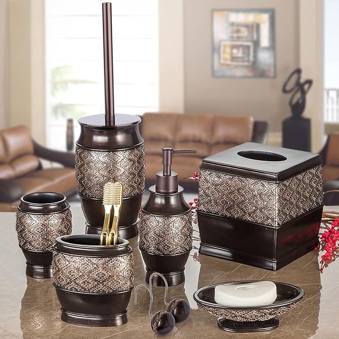 Creative Scents Dublin Brown Bathroom Accessories Set 6-Piece Resin Bathroom Decor Set Includes Toilet Bowl Brush and Holder, Tissue Box Cover, Soap Dispenser, Soap Dish, Cup, & Toothbrush Holder