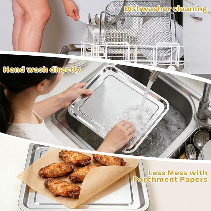 Air Fryer Accessories Set for Emeril Lagasse 26QT Extra Large, Stainless Steel Baking Pans with Nonstick Basket, 100 Parchment Papers & 2 Teflon Mats, Dishwasher safe