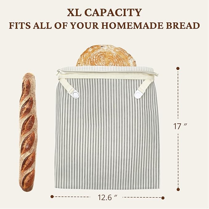 BRONYPRO Reusable Beeswax and Linen Bread Bags with Zipper, 2-Pack Waxed Bread Bags for Homemade Bread & Sourdough, Sustainable Sourdough Loaf Storage to Lock in Freshness, Large 17x12.6in, Grey