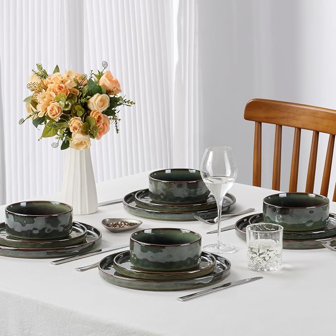 LIANYU 18 Piece Dinnerware Sets for 6, Stoneware Plates and Bowls Dish Set, Ceramic Dinner Ware Dishware for Kitchen Dining, Microwave & Dishwasher Safe,Moss Green