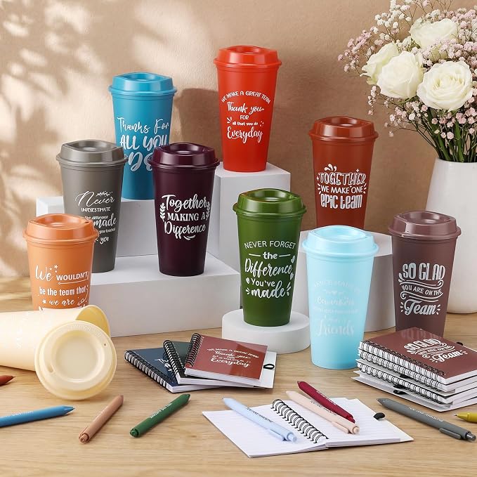 Teenyyou 60 Pcs Employee Appreciation Gift Set, 16oz Tumbler with Lid Notebook Pen Bulk Thank You Gift Holiday Party Favor for Teachers Office Coworker Teacher Staff Team (Fresh Color,Elegant Style)