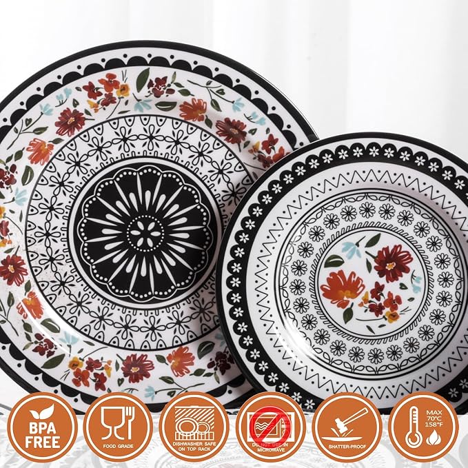 12-Piece Melamine Dinnerware Sets, Unbreakable Dinner Dishes Set for Indoor and Outdoor Use, Dishwasher Safe, Lightweight Dinner Service for 4, Black and White