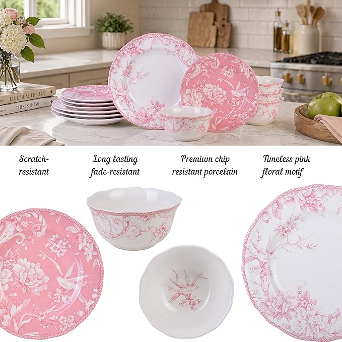 222 Fifth Adelaide Blush 12-Piece Pink Porcelain Dinnerware Set – Service for 4, Big Dinner Plates and Bowls Sets, White with Pink Floral Pattern, for Daily Entertainment, Microwave & Dishwasher Safe