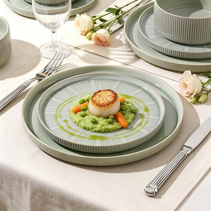Dinnerware Sets for 4, Ceramic Plates and Bowls Set 12 Piece Dinnerware Chip Resistant Stoneware with Advanced Inkjet Printing Technology, Dishwasher and Microwave Safe-Sage Green