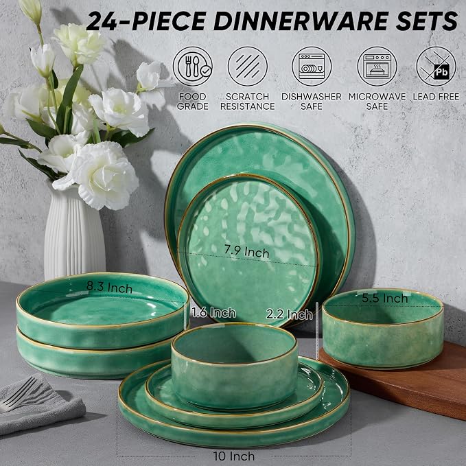 E-far 24-Piece Plates and Bowls Sets with Pasta Bowls - Stoneware Dinnerware Set for 6, Modern Ribbed Dishes, Microwave & Dishwasher Safe, Reactive Green