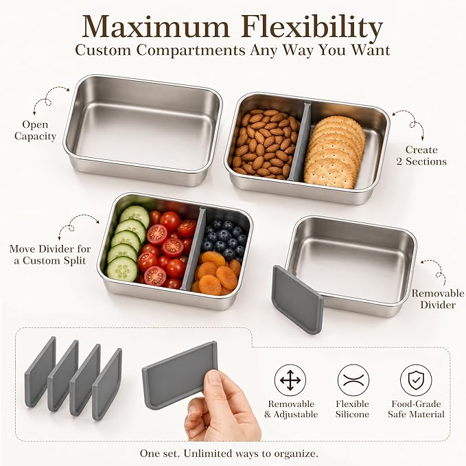 Snackle Box Container with Ice Pack, 304 Stainless Steel Snackle Box Set | 4-piece set, stainless steel, ice pack, insulated bag, fork & spoon, customizable divider system, flexible configuration