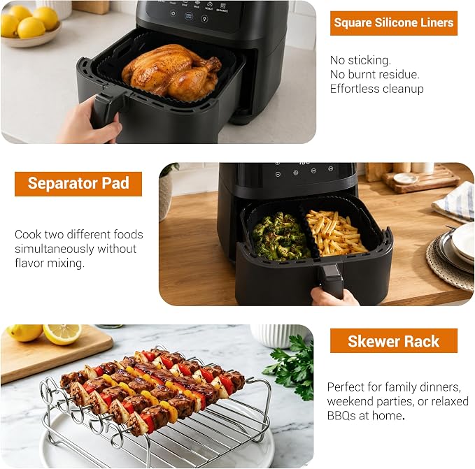 Air Fryer Accessories 8-Piece Set, Silicone Liners with Metal Rack, Skewers, Tongs & Gloves for 6QT Square Basket Air Fryer, Dishwasher Safe