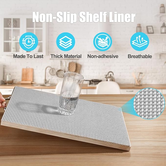 Songrey Non-Adhesive Drawer and Shelf Liner, Non Slip Cabinet Liners, Protect Kitchen Cupboard, Bathroom Drawers, Breathable, Thick Strong Grip mat (23.6IN x 20FT, Light Gray)