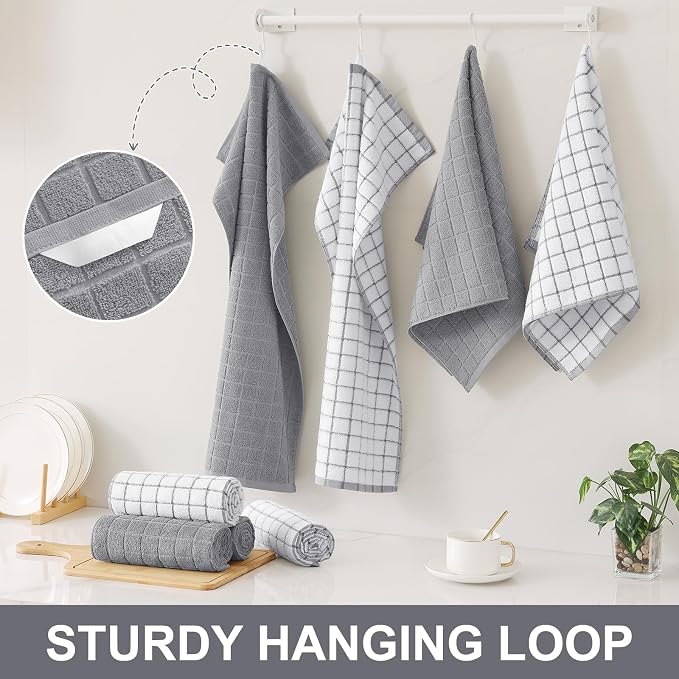 Homaxy Premium Cotton Kitchen Towels 16"x 28", Large Natural Ring Spun 390 GSM Dish Towels, Super Absorbent Terry Kitchen Hand Towels, Soft Tea Towels with Hanging Loop, Light Grey Check, 6 Pack