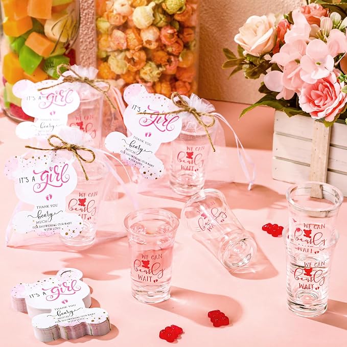 Pickmesh 25 Sets Baby Shower Favor for Guests Include Bear Girl Acrylic Clear Shot Glasses Thank You Cards Organza Bags Babies Shower Gifts for Gender Reveal Party Supplies