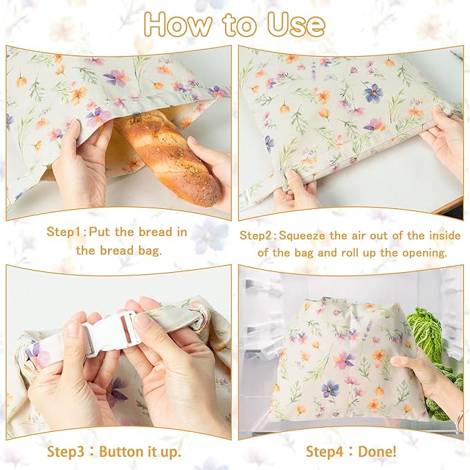 Reusable Beeswax Bread Bags - 2 Pack Bees Wax Food Bag, Homemade Sourdough Bread Storage, 2-in-1 Linen Cotton Large Freezer Container Home Baking Accessories with Lining (Wildflower)